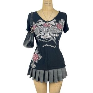 Vintage Y2k Grunge Full Throttle Saloon Graphic Tee Rhinestone Sz M Punk Edgy